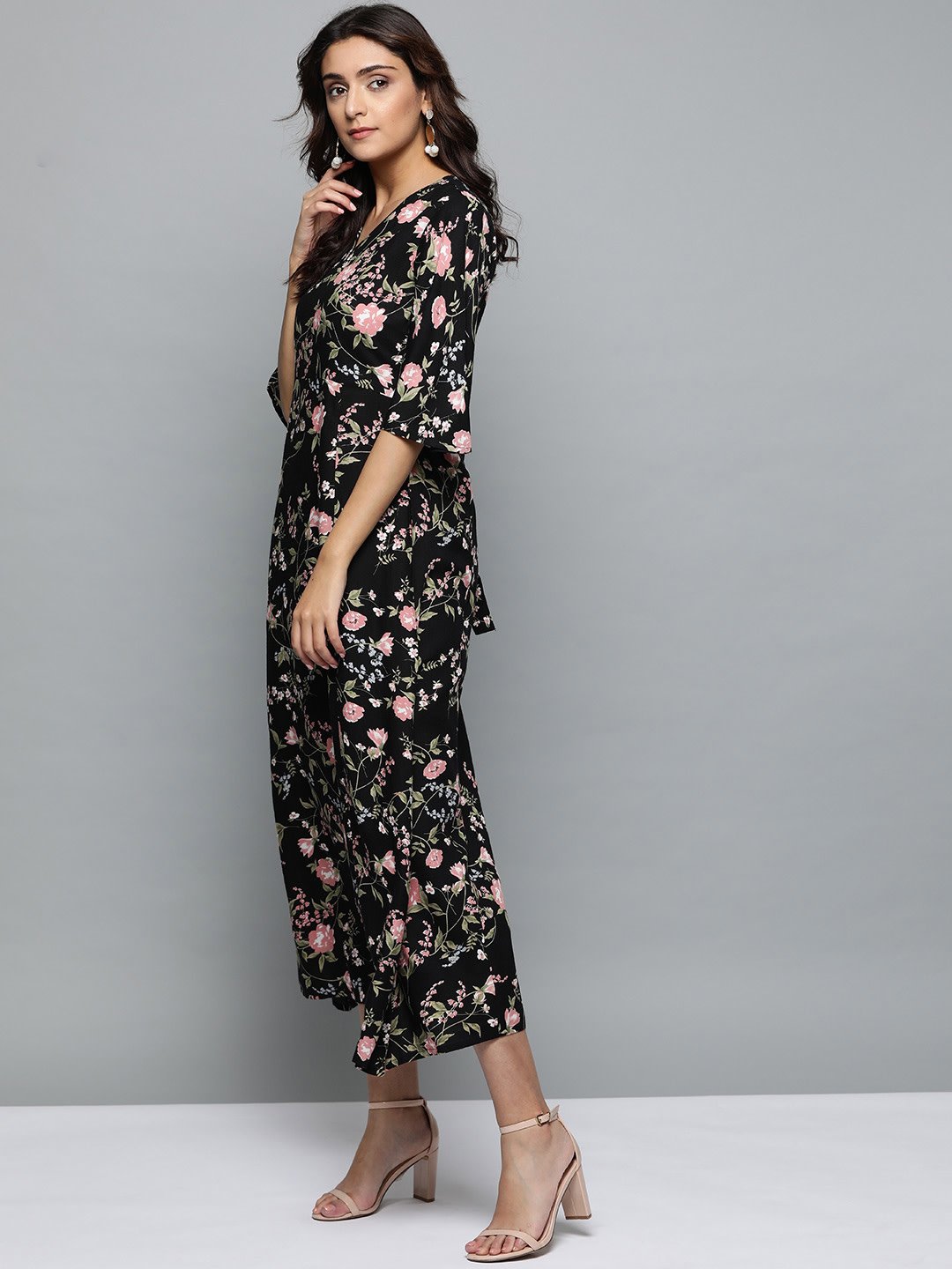 Women Black Floral Printed V-Neck A-Line Dress | LASVINI - Redefining Indian Fashion with Elegance