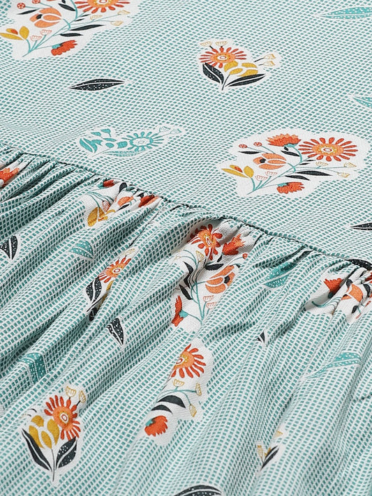 Women Turquoise Blue Floral Printed Round Neck Cotton A-Line Dress | LASVINI - Redefining Indian Fashion with Elegance