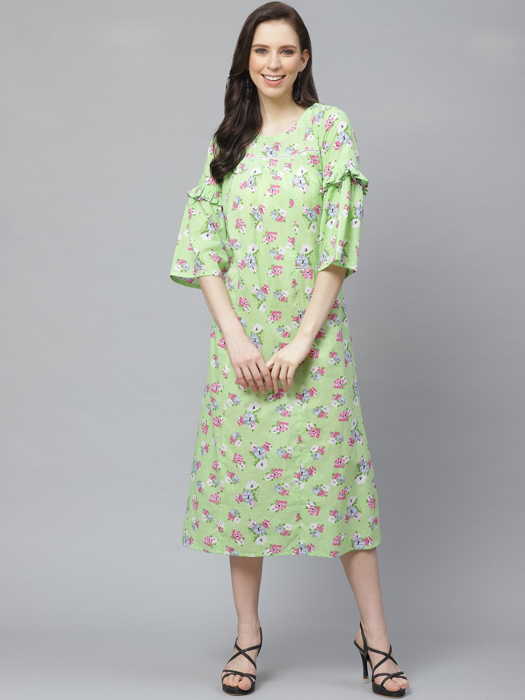 Women Green Floral Printed Round Neck Cotton A-Line Dress | LASVINI - Redefining Indian Fashion with Elegance