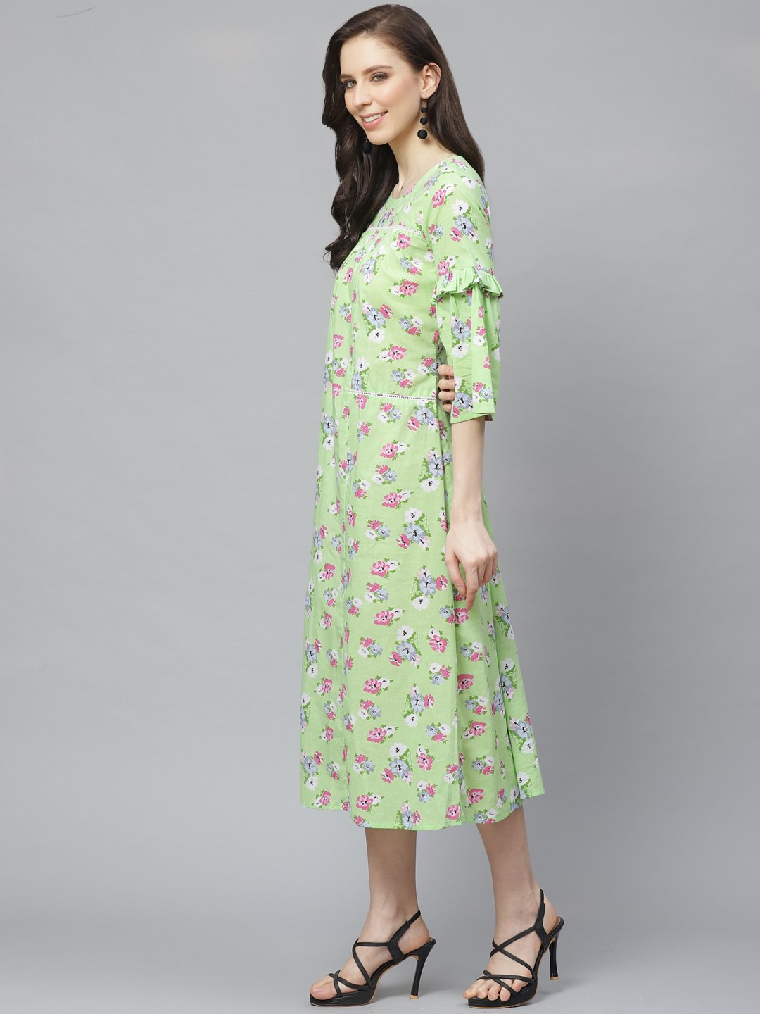Women Green Floral Printed Round Neck Cotton A-Line Dress | LASVINI - Redefining Indian Fashion with Elegance