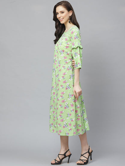 Women Green Floral Printed Round Neck Cotton A-Line Dress | LASVINI - Redefining Indian Fashion with Elegance