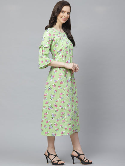 Women Green Floral Printed Round Neck Cotton A-Line Dress | LASVINI - Redefining Indian Fashion with Elegance