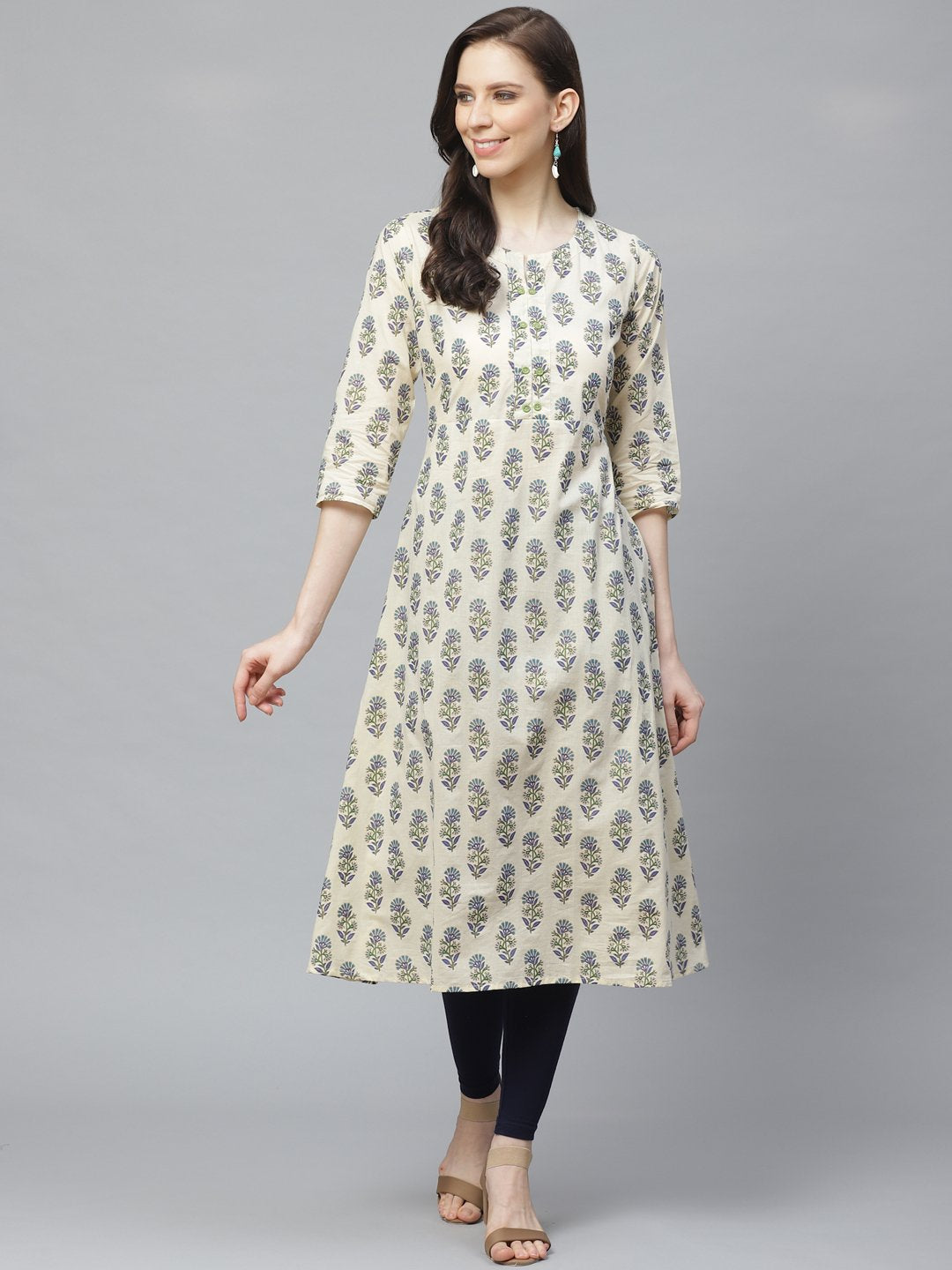 Women Beige Calf Length Three-Quarter Sleeves A-Line Floral Printed Cotton Kurta | LASVINI - Redefining Indian Fashion with Elegance