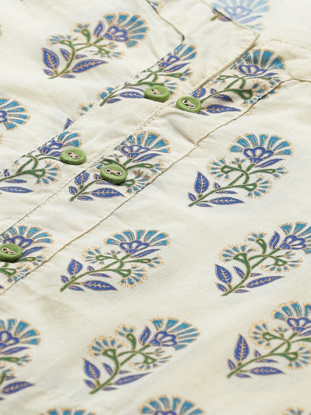 Women Beige Calf Length Three-Quarter Sleeves A-Line Floral Printed Cotton Kurta | LASVINI - Redefining Indian Fashion with Elegance