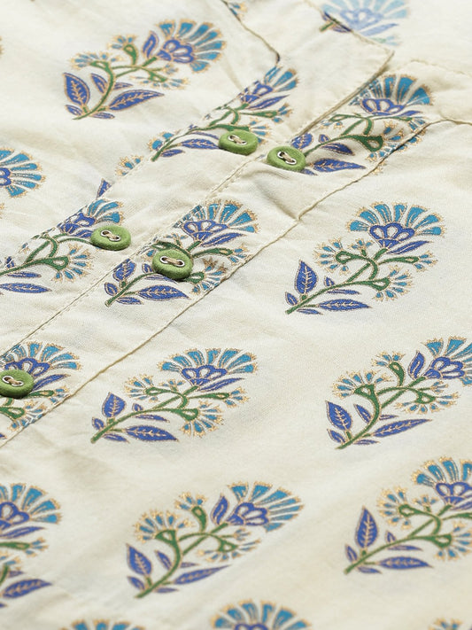 Women Beige Calf Length Three-Quarter Sleeves A-Line Floral Printed Cotton Kurta | LASVINI - Redefining Indian Fashion with Elegance