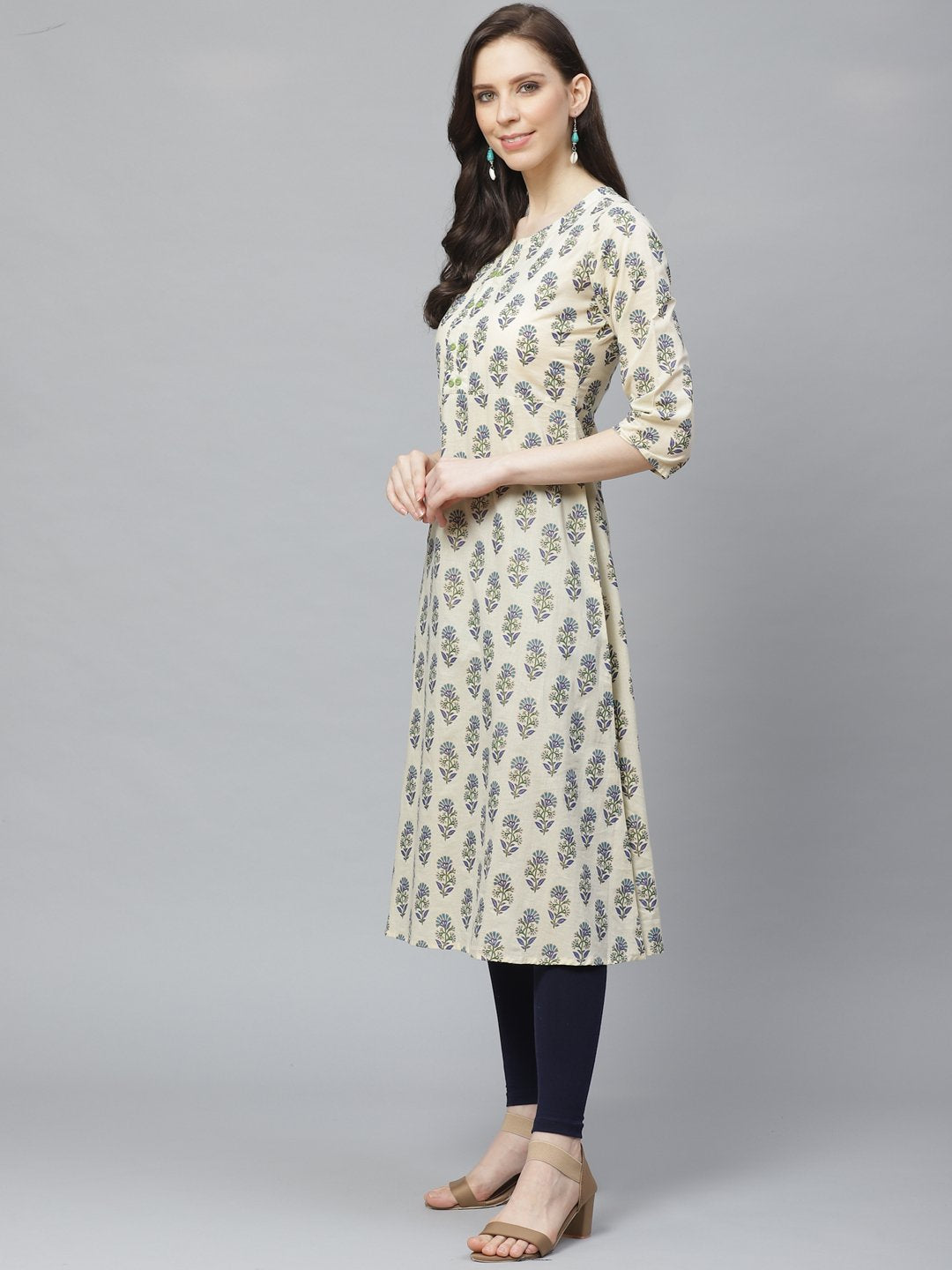 Women Beige Calf Length Three-Quarter Sleeves A-Line Floral Printed Cotton Kurta | LASVINI - Redefining Indian Fashion with Elegance
