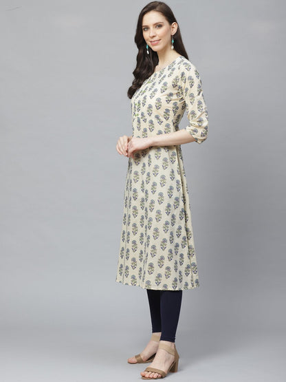 Women Beige Calf Length Three-Quarter Sleeves A-Line Floral Printed Cotton Kurta | LASVINI - Redefining Indian Fashion with Elegance