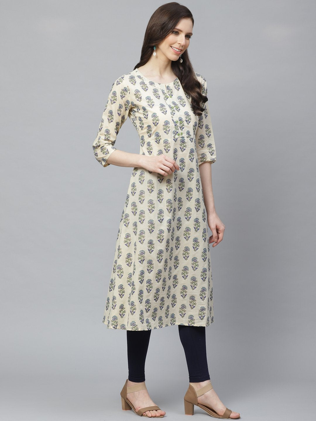 Women Beige Calf Length Three-Quarter Sleeves A-Line Floral Printed Cotton Kurta | LASVINI - Redefining Indian Fashion with Elegance