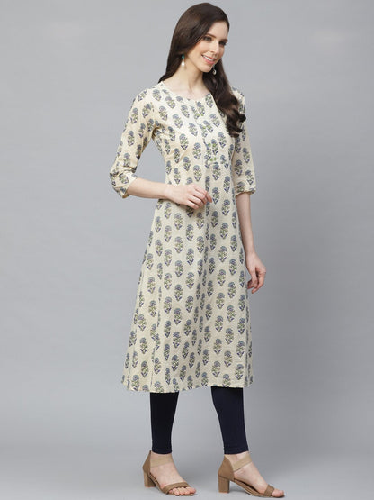 Women Beige Calf Length Three-Quarter Sleeves A-Line Floral Printed Cotton Kurta | LASVINI - Redefining Indian Fashion with Elegance