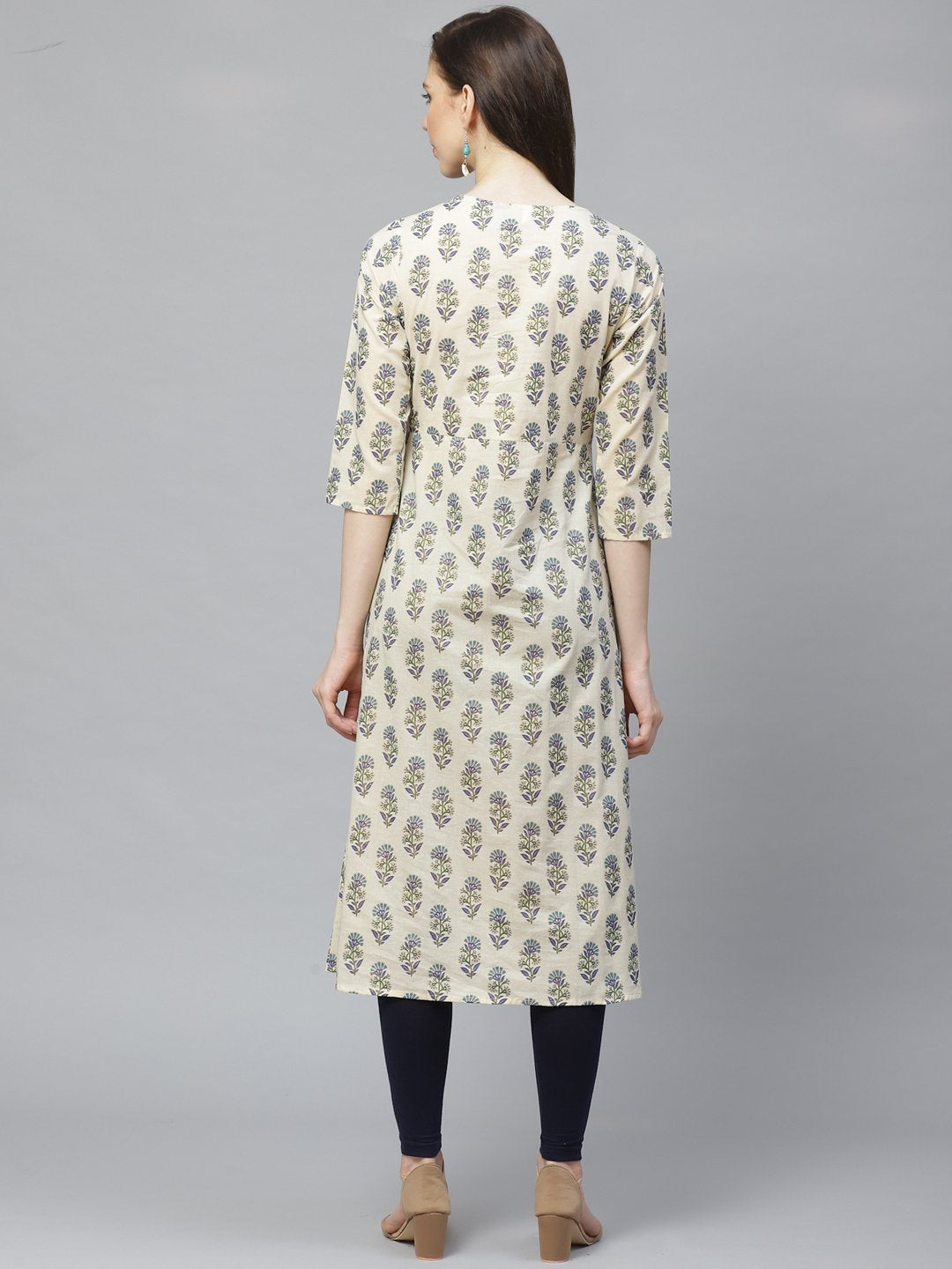 Women Beige Calf Length Three-Quarter Sleeves A-Line Floral Printed Cotton Kurta | LASVINI - Redefining Indian Fashion with Elegance