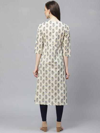 Women Beige Calf Length Three-Quarter Sleeves A-Line Floral Printed Cotton Kurta | LASVINI - Redefining Indian Fashion with Elegance
