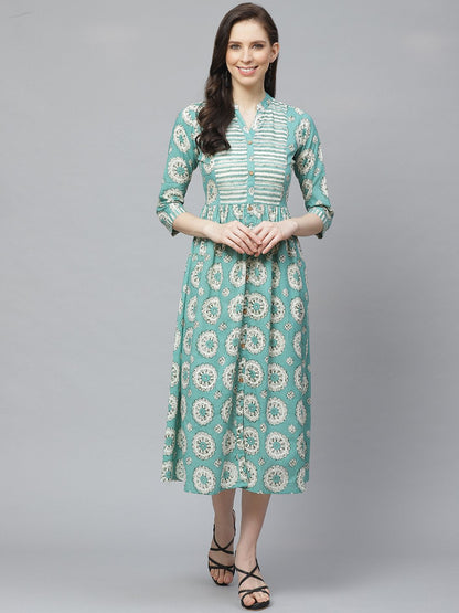 Women Green Conversational Printed Mandarin Collar Cotton A-Line Dress | LASVINI - Redefining Indian Fashion with Elegance