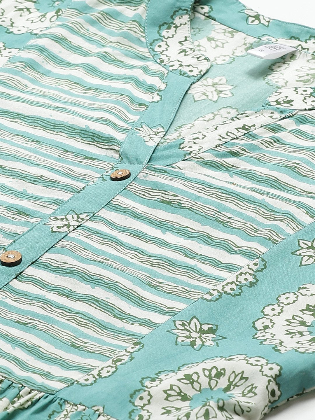 Women Green Conversational Printed Mandarin Collar Cotton A-Line Dress | LASVINI - Redefining Indian Fashion with Elegance