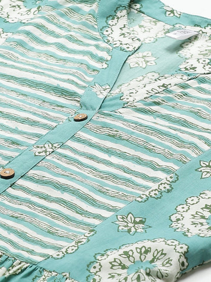 Women Green Conversational Printed Mandarin Collar Cotton A-Line Dress | LASVINI - Redefining Indian Fashion with Elegance