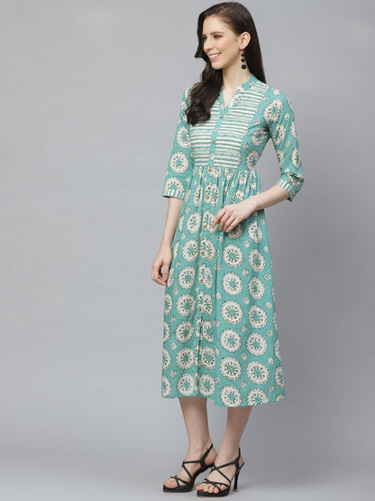 Women Green Conversational Printed Mandarin Collar Cotton A-Line Dress | LASVINI - Redefining Indian Fashion with Elegance