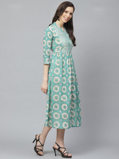 Women Green Conversational Printed Mandarin Collar Cotton A-Line Dress | LASVINI - Redefining Indian Fashion with Elegance