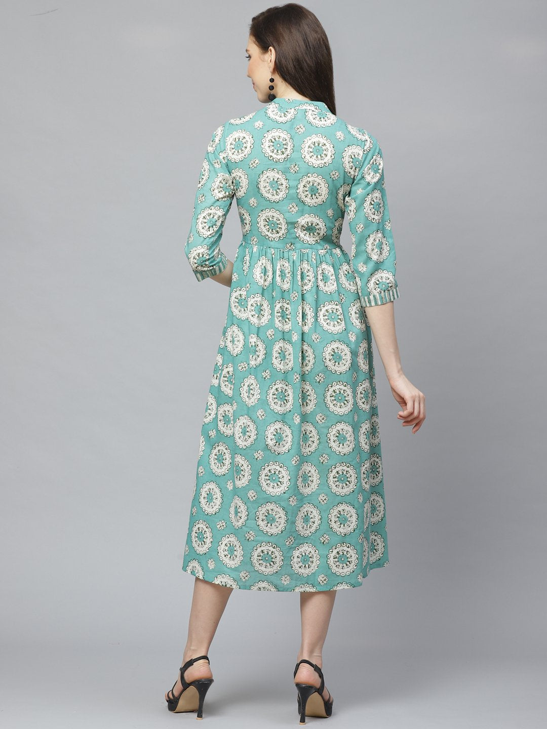 Women Green Conversational Printed Mandarin Collar Cotton A-Line Dress | LASVINI - Redefining Indian Fashion with Elegance