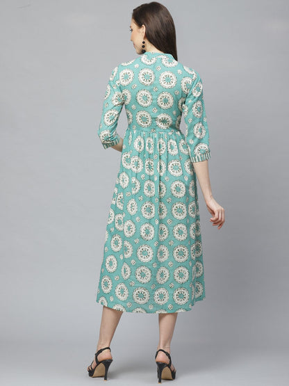 Women Green Conversational Printed Mandarin Collar Cotton A-Line Dress | LASVINI - Redefining Indian Fashion with Elegance