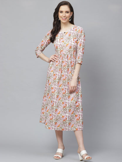 Women White Floral Printed Keyhole Neck Cotton A-Line Dress | LASVINI - Redefining Indian Fashion with Elegance