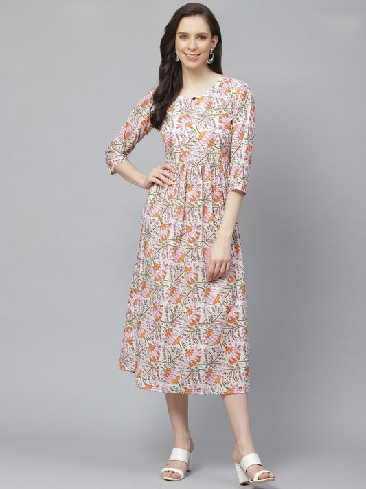 Women White Floral Printed Keyhole Neck Cotton A-Line Dress | LASVINI - Redefining Indian Fashion with Elegance