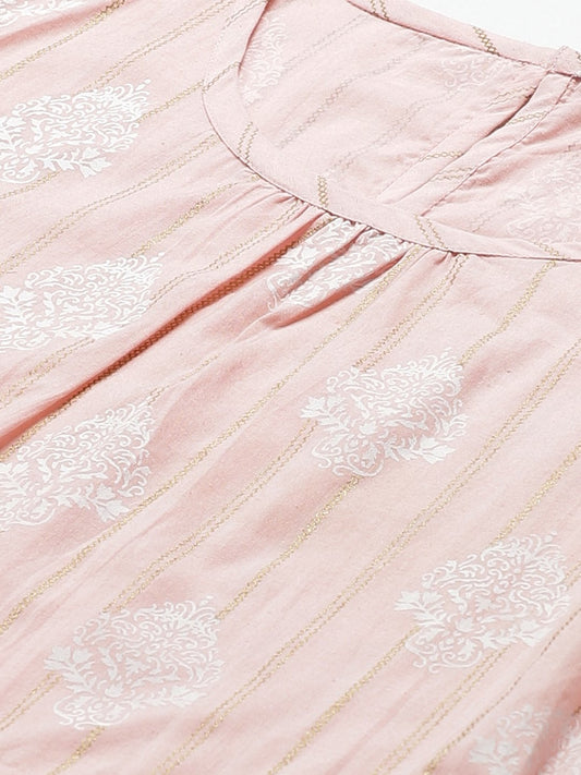 Women Pink Ethnic Motifs Printed Round Neck Cotton A-Line Dress | LASVINI - Redefining Indian Fashion with Elegance