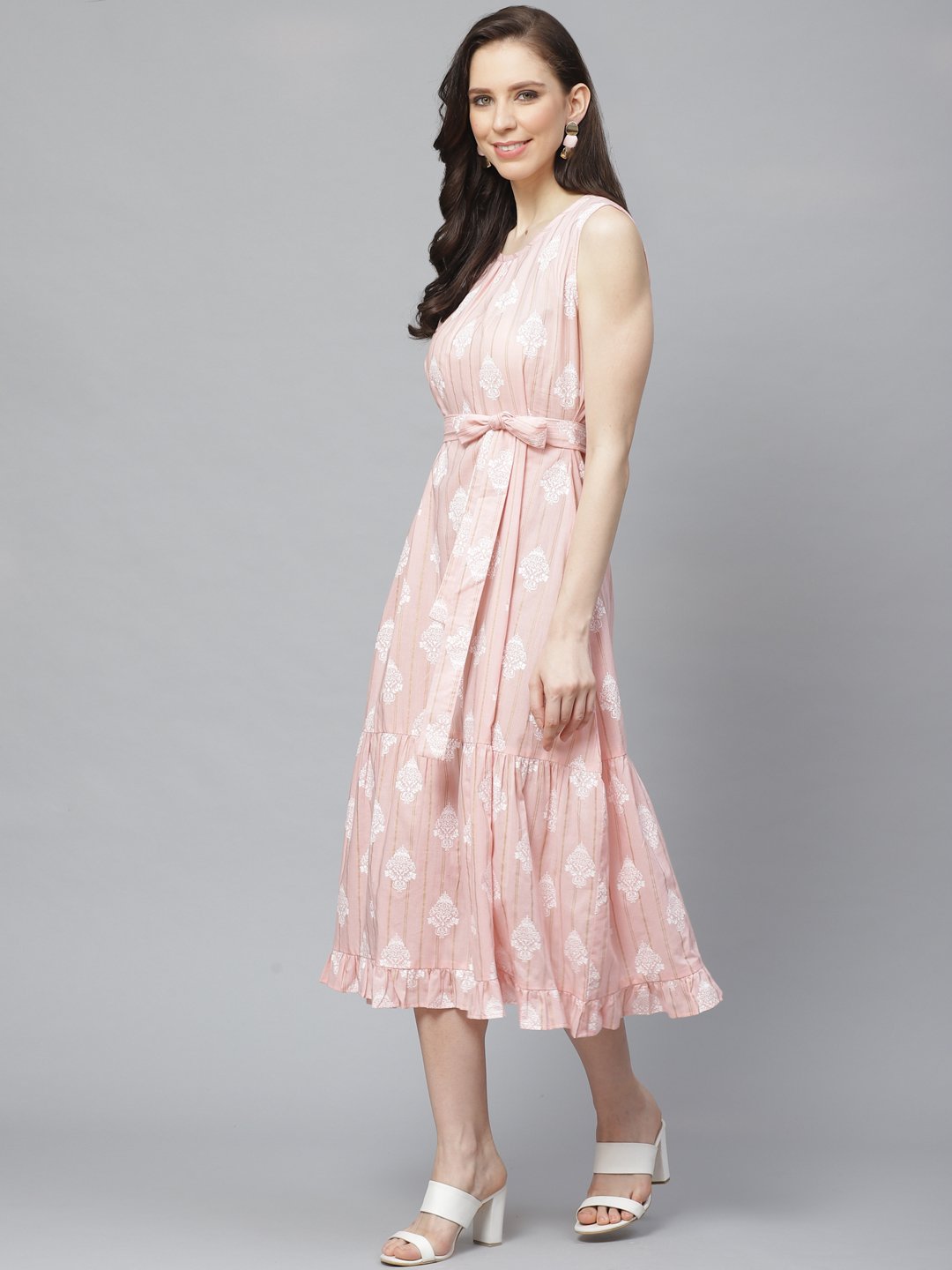 Women Pink Ethnic Motifs Printed Round Neck Cotton A-Line Dress | LASVINI - Redefining Indian Fashion with Elegance