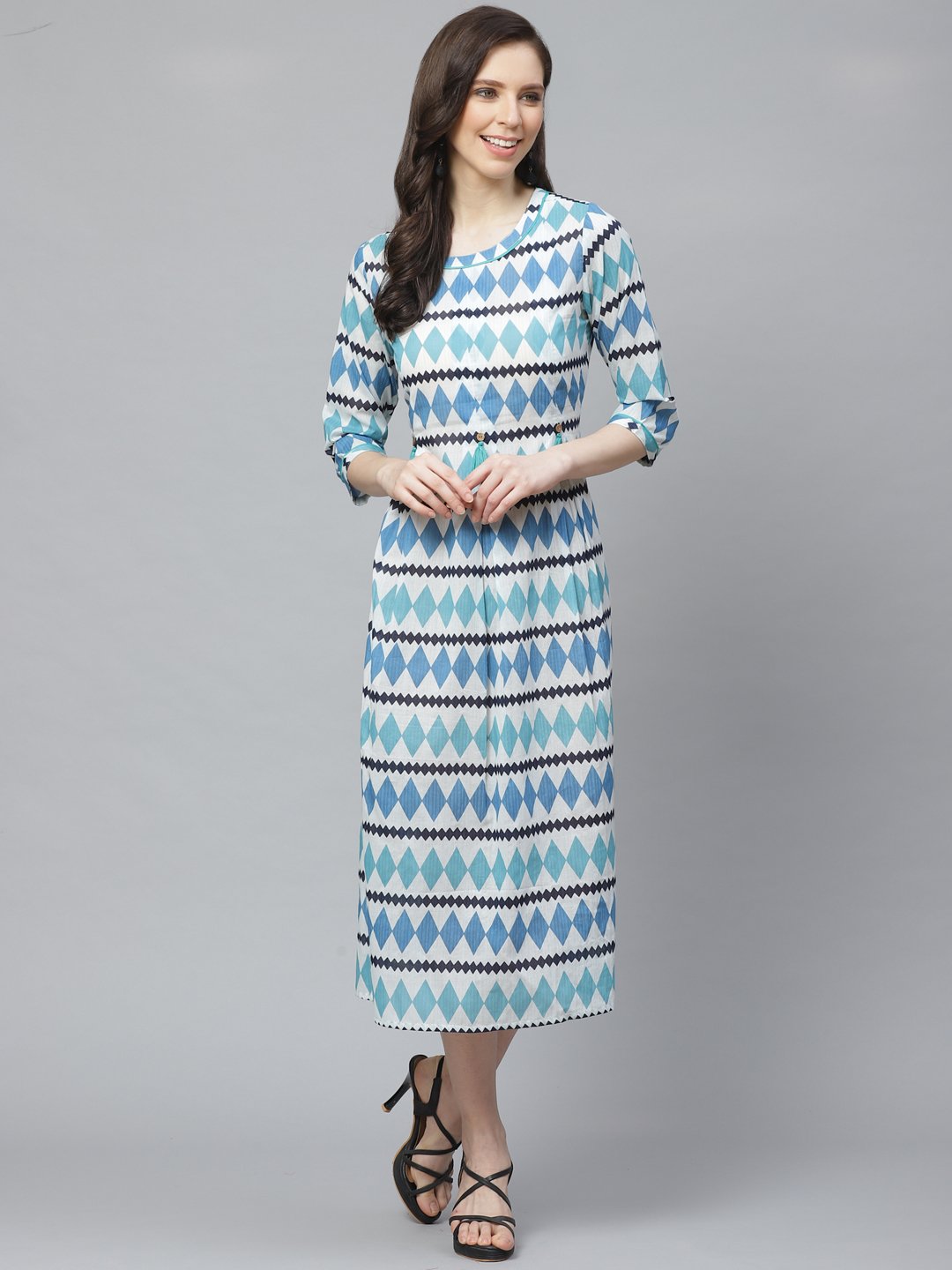 Women White  Geometric Printed Round Neck Cotton A-Line Dress | LASVINI - Redefining Indian Fashion with Elegance