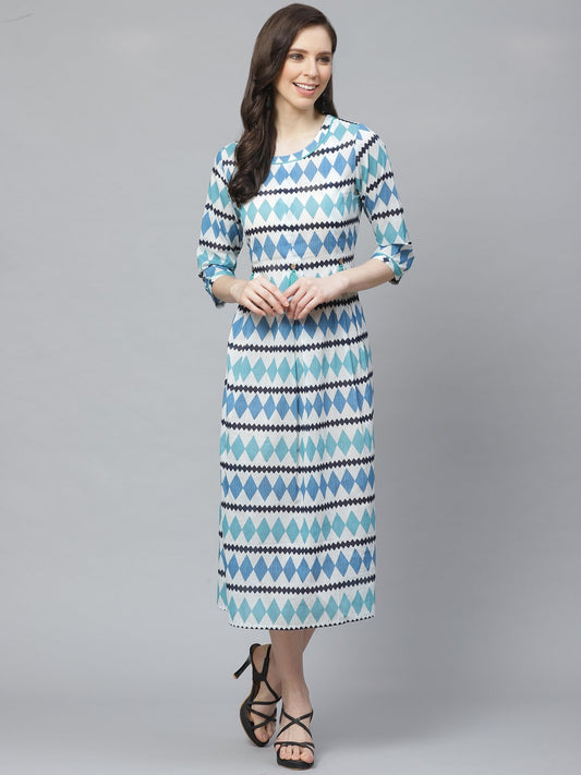 Women White  Geometric Printed Round Neck Cotton A-Line Dress | LASVINI - Redefining Indian Fashion with Elegance