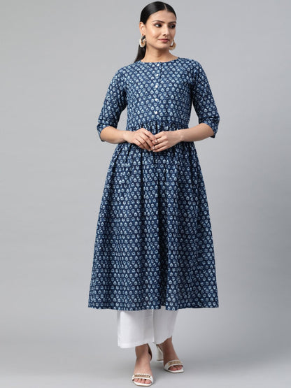 Women Indigo Blue Three-Quarter Sleeves Flared Kurta With Palazzo | LASVINI - Redefining Indian Fashion with Elegance