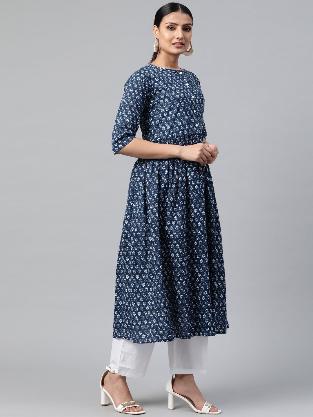 Women Indigo Blue Three-Quarter Sleeves Flared Kurta With Palazzo | LASVINI - Redefining Indian Fashion with Elegance