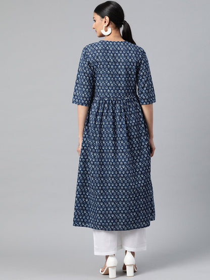Women Indigo Blue Three-Quarter Sleeves Flared Kurta With Palazzo | LASVINI - Redefining Indian Fashion with Elegance