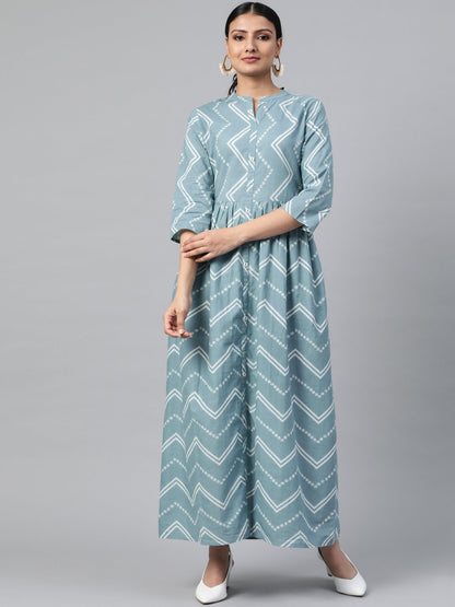 Women Blue Geometric Printed Mandarin Collar Cotton A-Line Dress | LASVINI - Redefining Indian Fashion with Elegance