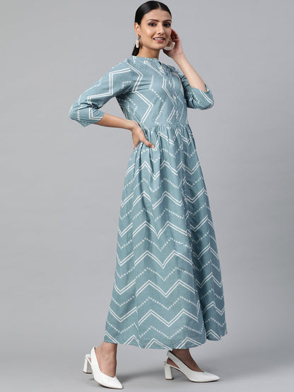 Women Blue Geometric Printed Mandarin Collar Cotton A-Line Dress | LASVINI - Redefining Indian Fashion with Elegance