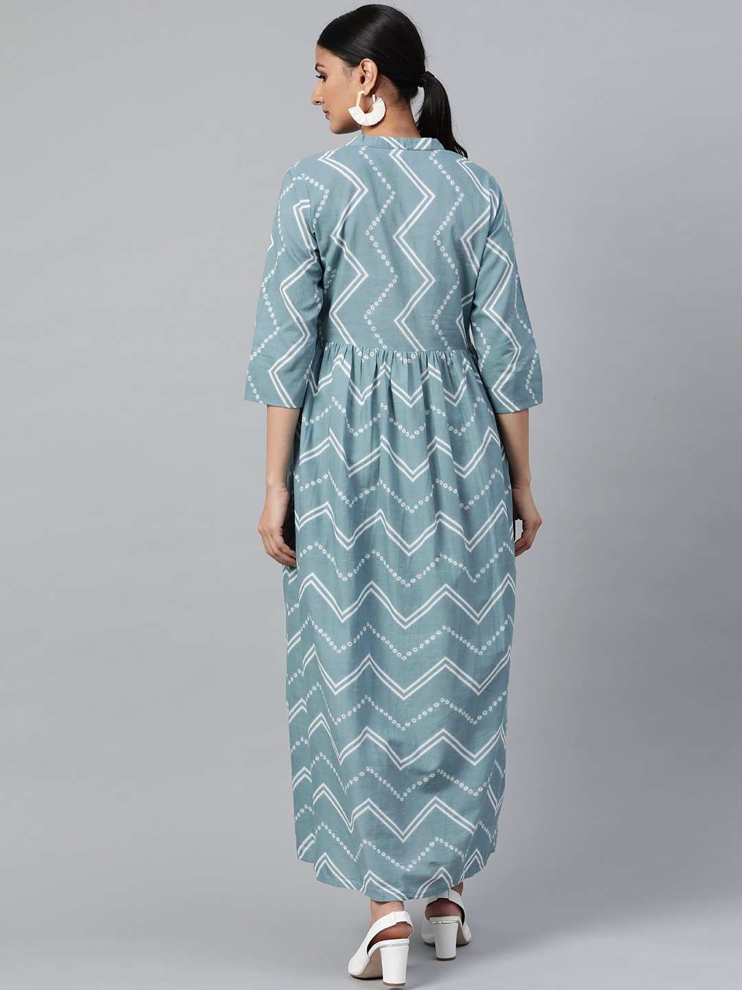 Women Blue Geometric Printed Mandarin Collar Cotton A-Line Dress | LASVINI - Redefining Indian Fashion with Elegance