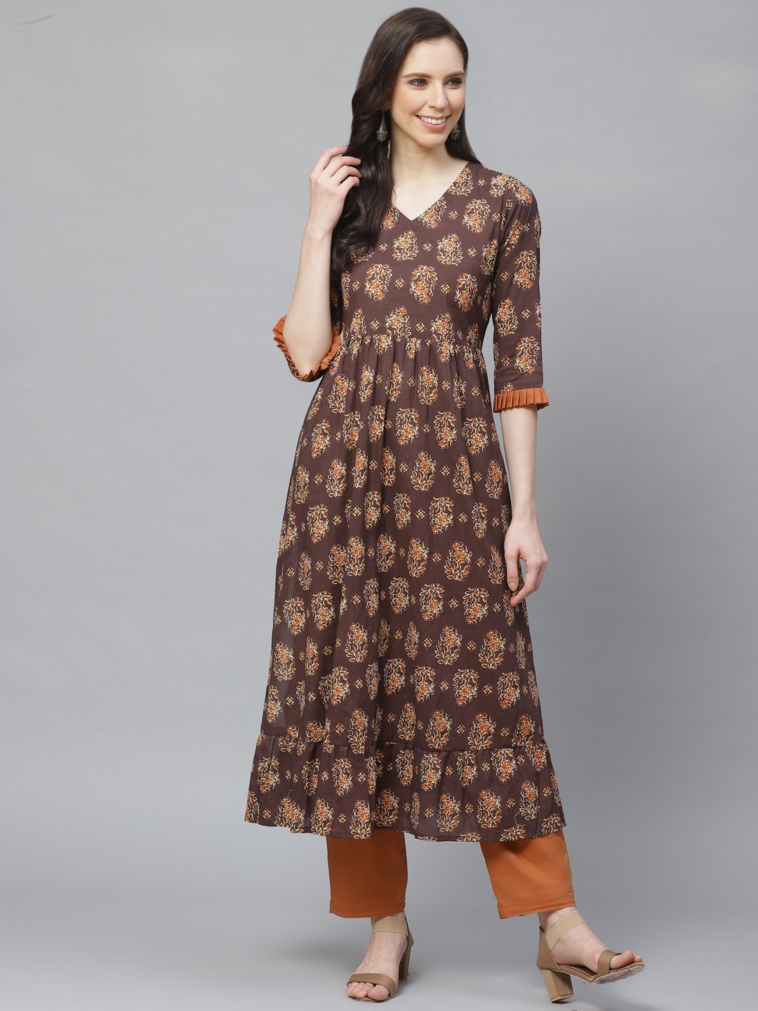 Women Brown Three-Quarter Sleeves Flared Kurta With Trouser | LASVINI - Redefining Indian Fashion with Elegance