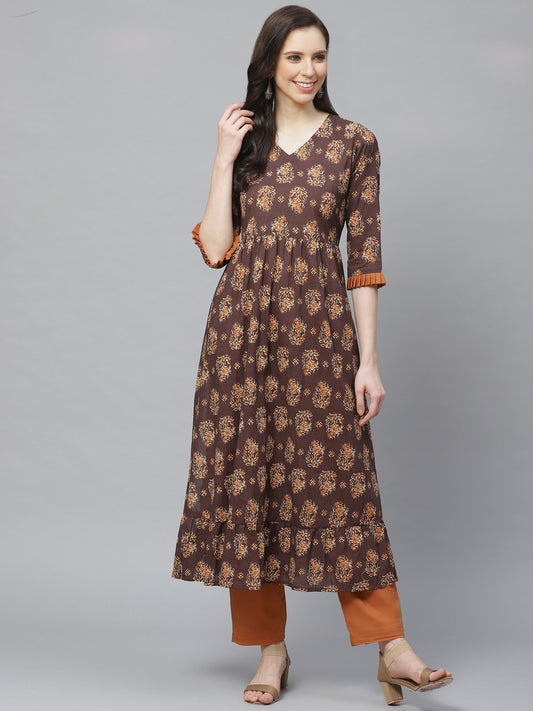 Women Brown Three-Quarter Sleeves Flared Kurta With Trouser | LASVINI - Redefining Indian Fashion with Elegance