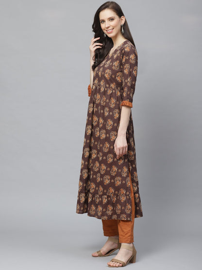 Women Brown Three-Quarter Sleeves Flared Kurta With Trouser | LASVINI - Redefining Indian Fashion with Elegance