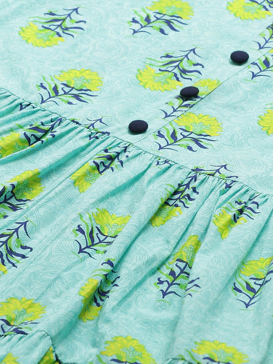 Women Blue Floral Printed Round Neck Cotton Fit And Flare Dress | LASVINI - Redefining Indian Fashion with Elegance