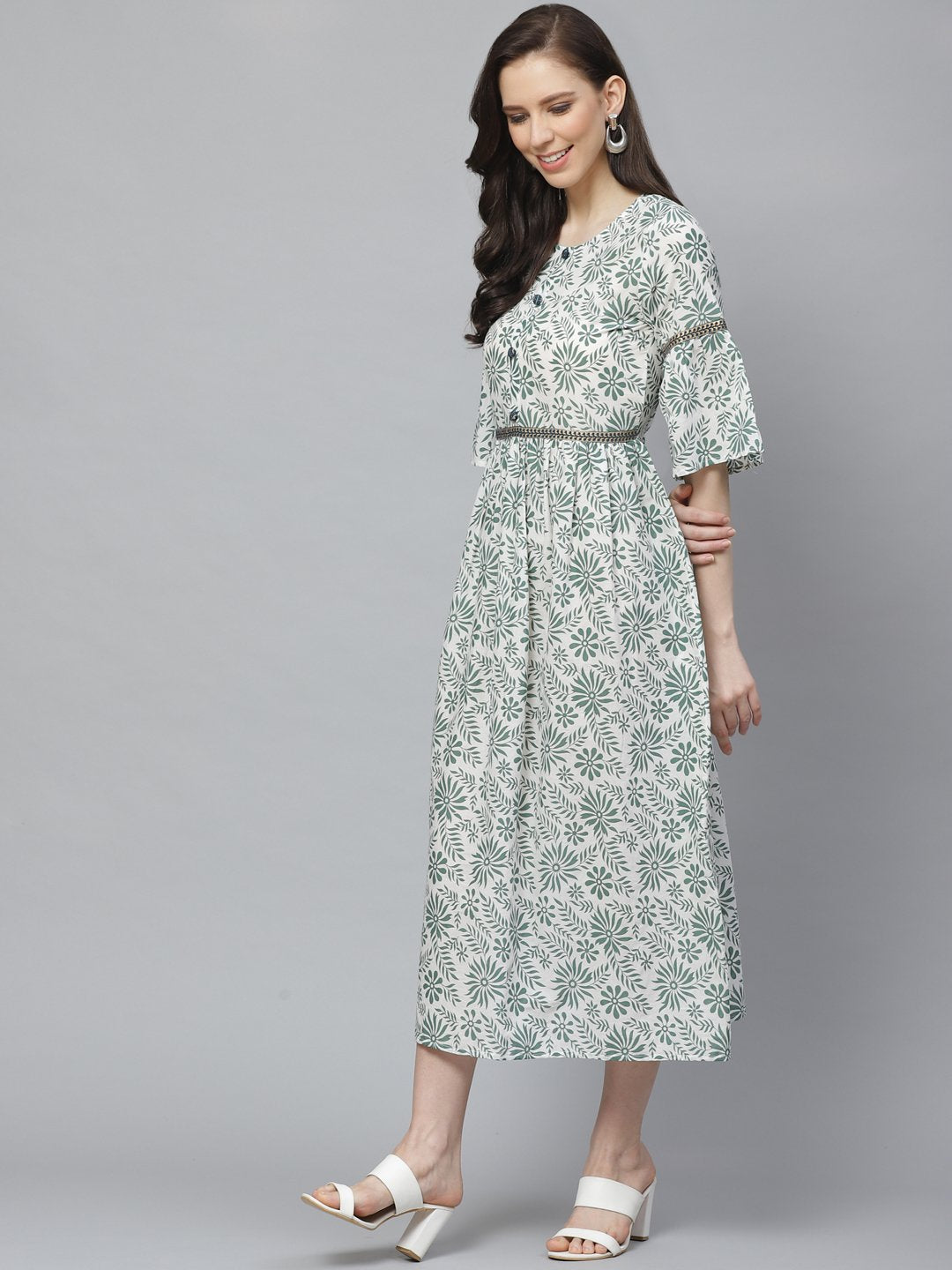 Women White Floral Printed Round Neck Cotton A-Line Dress | LASVINI - Redefining Indian Fashion with Elegance