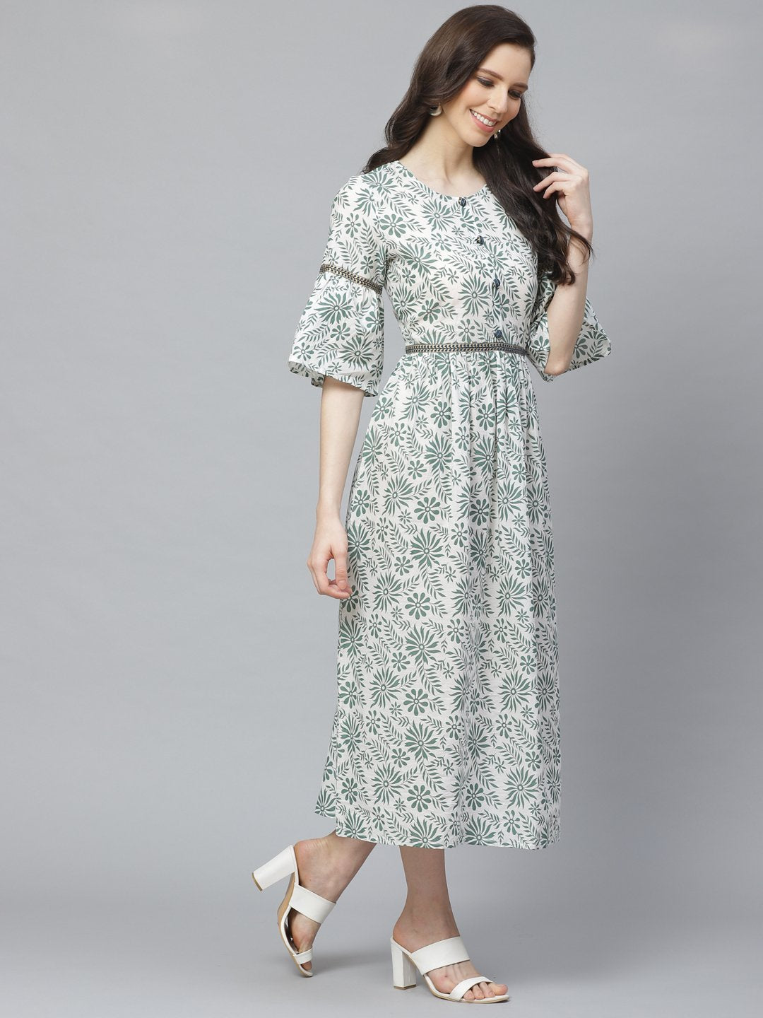 Women White Floral Printed Round Neck Cotton A-Line Dress | LASVINI - Redefining Indian Fashion with Elegance