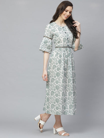 Women White Floral Printed Round Neck Cotton A-Line Dress | LASVINI - Redefining Indian Fashion with Elegance