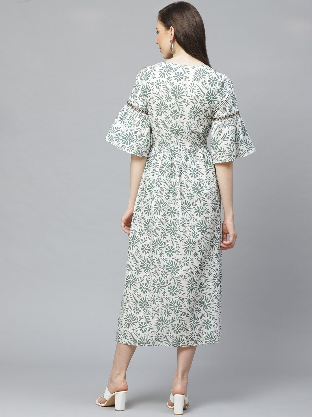 Women White Floral Printed Round Neck Cotton A-Line Dress | LASVINI - Redefining Indian Fashion with Elegance