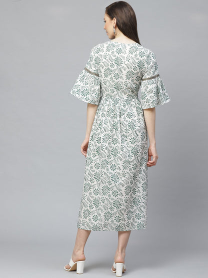 Women White Floral Printed Round Neck Cotton A-Line Dress | LASVINI - Redefining Indian Fashion with Elegance