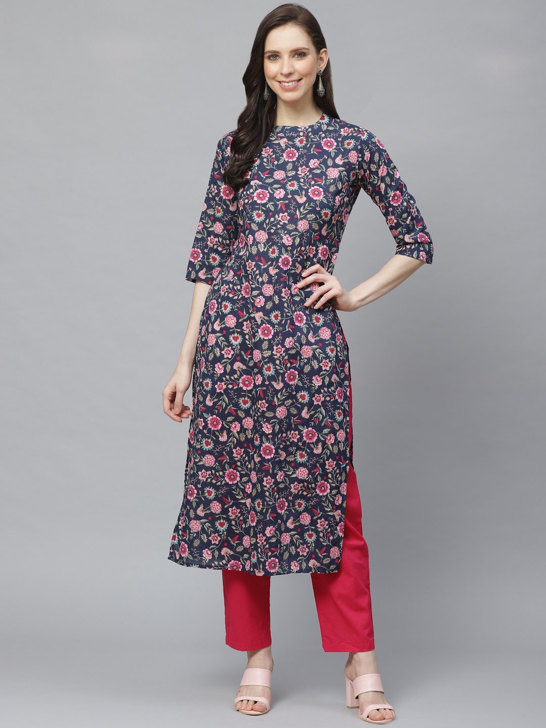 Women Navy Blue Three-Quarter Sleeves Flared Kurta With Trouser | LASVINI - Redefining Indian Fashion with Elegance