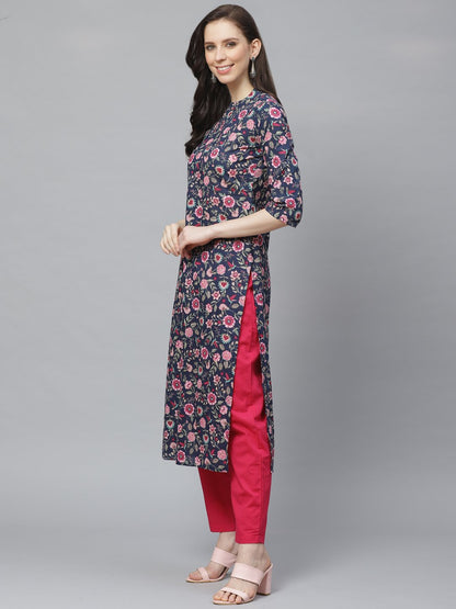 Women Navy Blue Three-Quarter Sleeves Flared Kurta With Trouser | LASVINI - Redefining Indian Fashion with Elegance