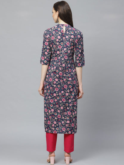 Women Navy Blue Three-Quarter Sleeves Flared Kurta With Trouser | LASVINI - Redefining Indian Fashion with Elegance