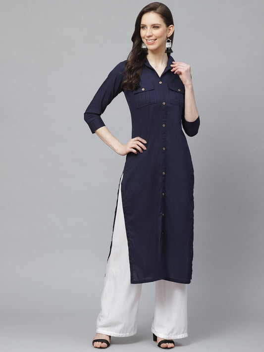 Women Navy Blue Calf Length Three-Quarter Sleeves Pathani Solid Solid Cotton Kurta | LASVINI - Redefining Indian Fashion with Elegance