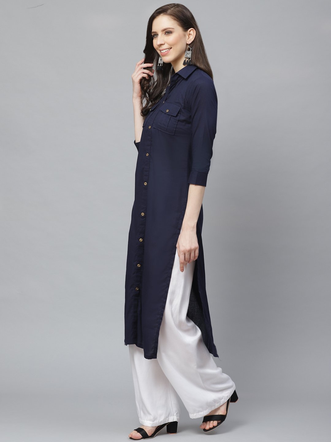 Women Navy Blue Calf Length Three-Quarter Sleeves Pathani Solid Solid Cotton Kurta | LASVINI - Redefining Indian Fashion with Elegance