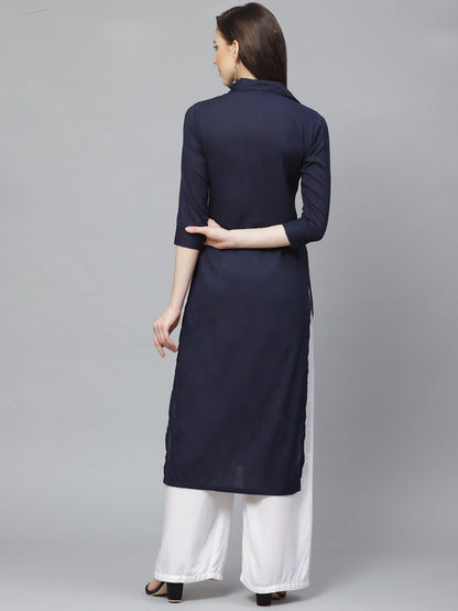 Women Navy Blue Calf Length Three-Quarter Sleeves Pathani Solid Solid Cotton Kurta | LASVINI - Redefining Indian Fashion with Elegance