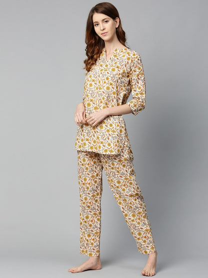 Women Cream And Multi Floral Prnt Top And Pant Set | LASVINI - Redefining Indian Fashion with Elegance
